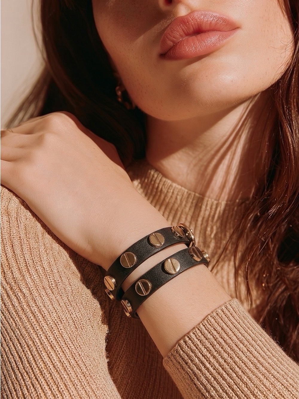 Express Leather Wrap Bracelet with Gold Studs - Black EUC